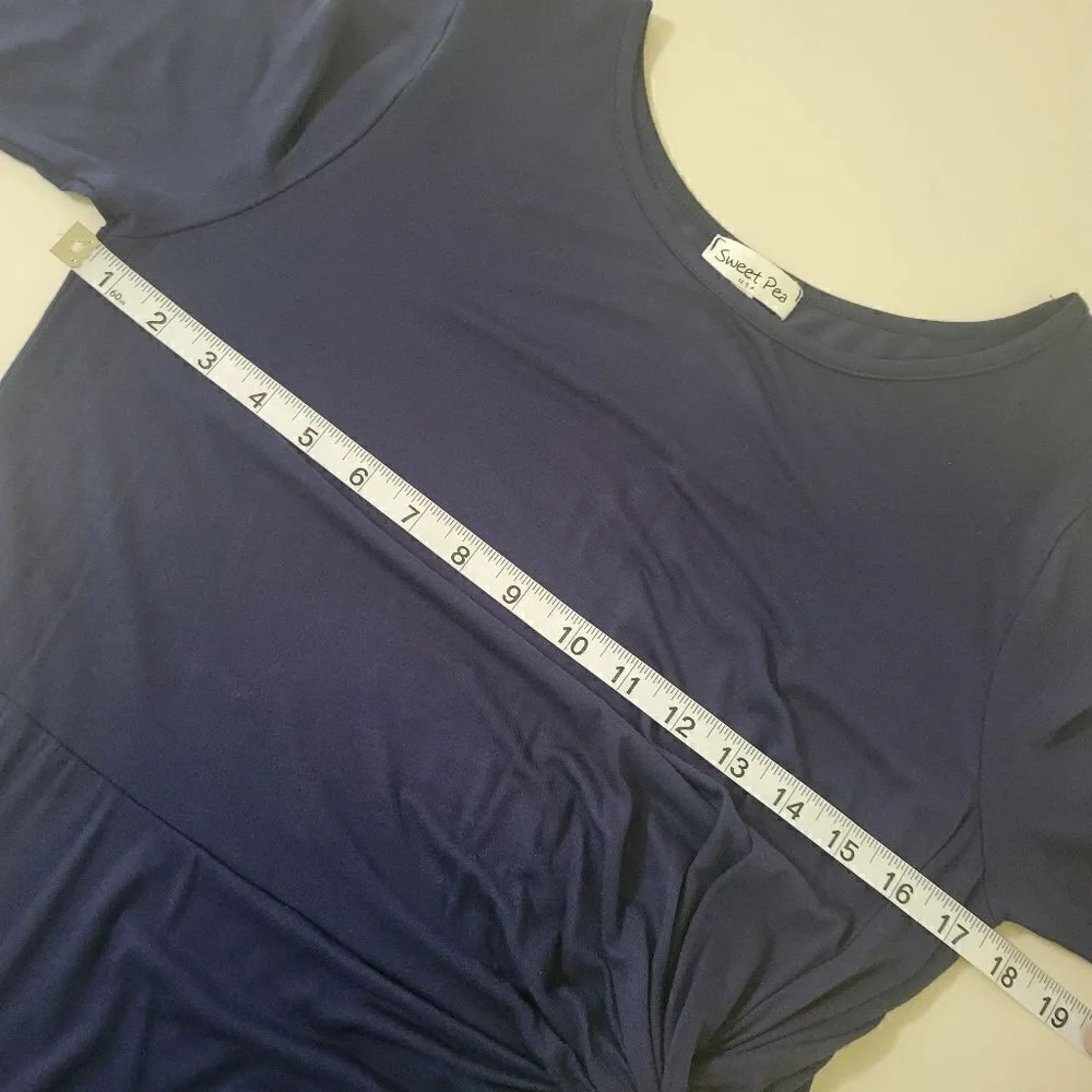 Sweet Pea Navy Jersey Knit Dress Ruched Waist Midi Length
